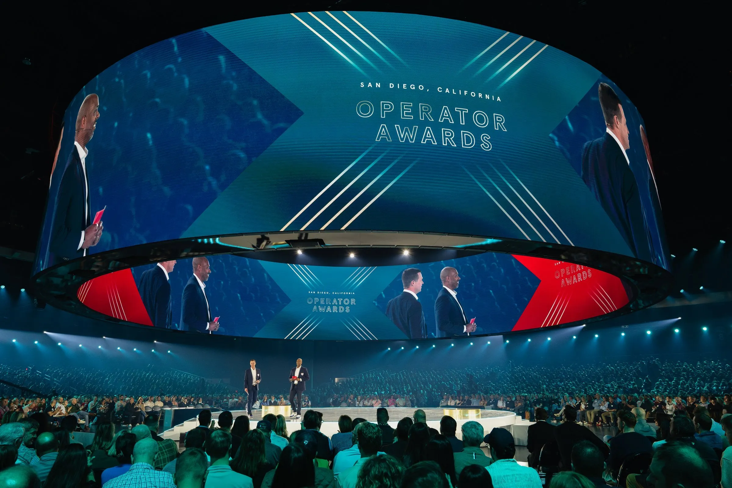 NEXT Operator Awards — in-the-round 360° LED canopy with "San Diego, California" title card centered above the stage