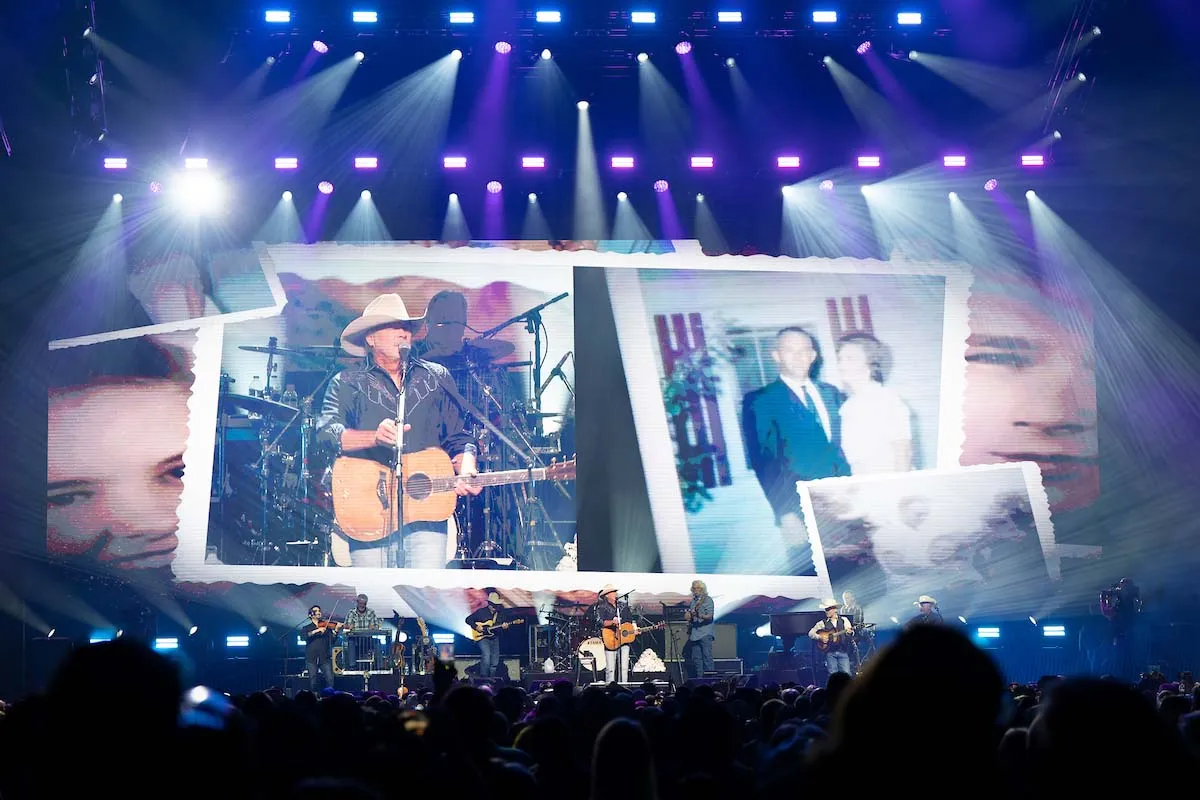 Last Call Tour — torn-edge polaroid arrangement of Alan Jackson archival photos on the main LED wall