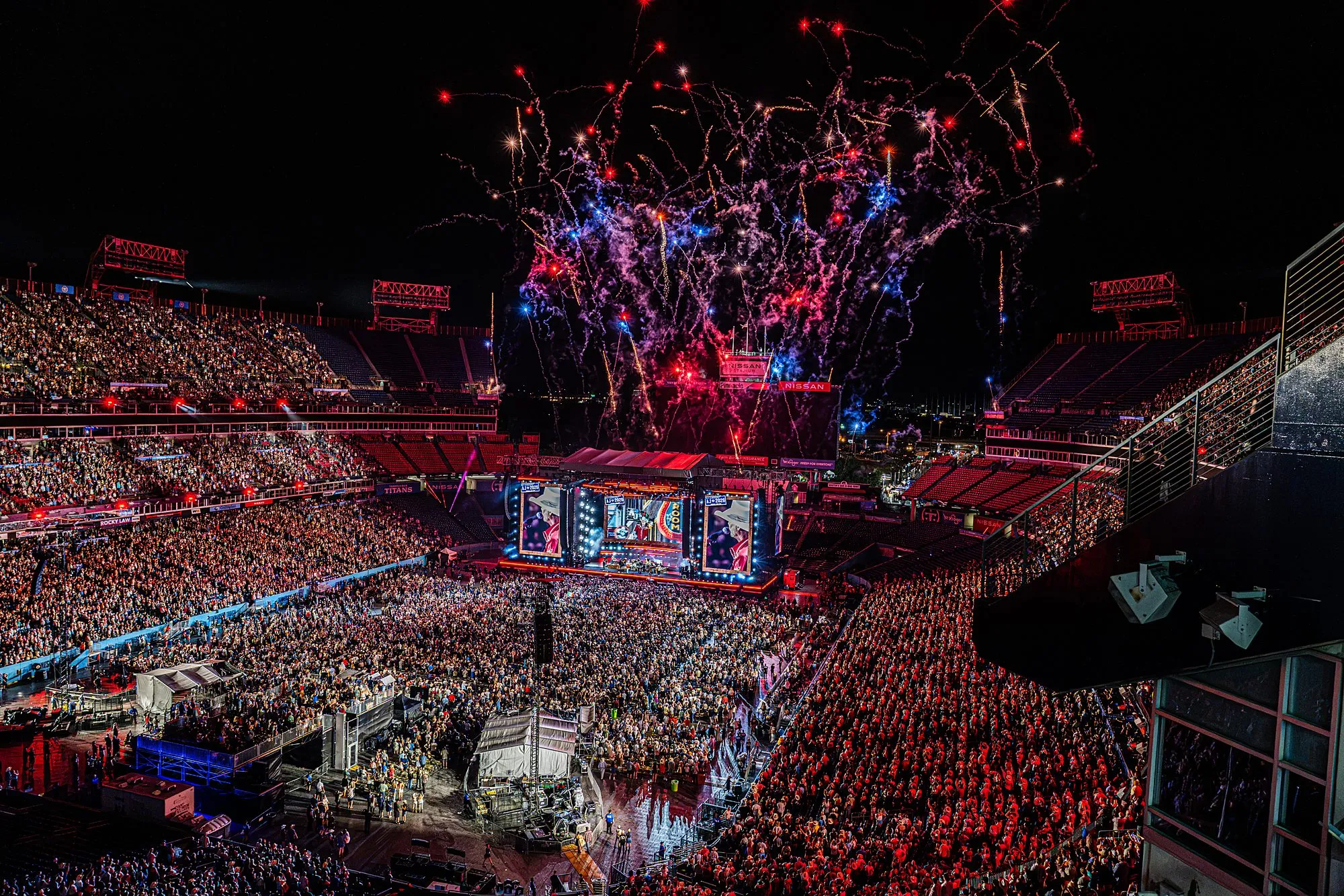 Fireworks over the stage at Alan Jackson's sold-out Last Call finale, Nissan Stadium, Nashville