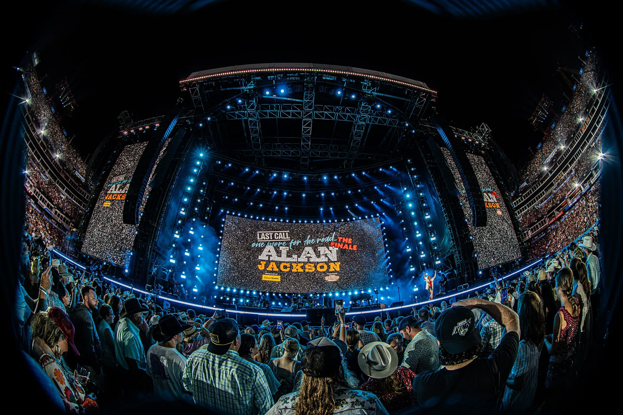 "Last Call — one more for the road… The Finale" title card on the stadium center screen, Alan Jackson onstage