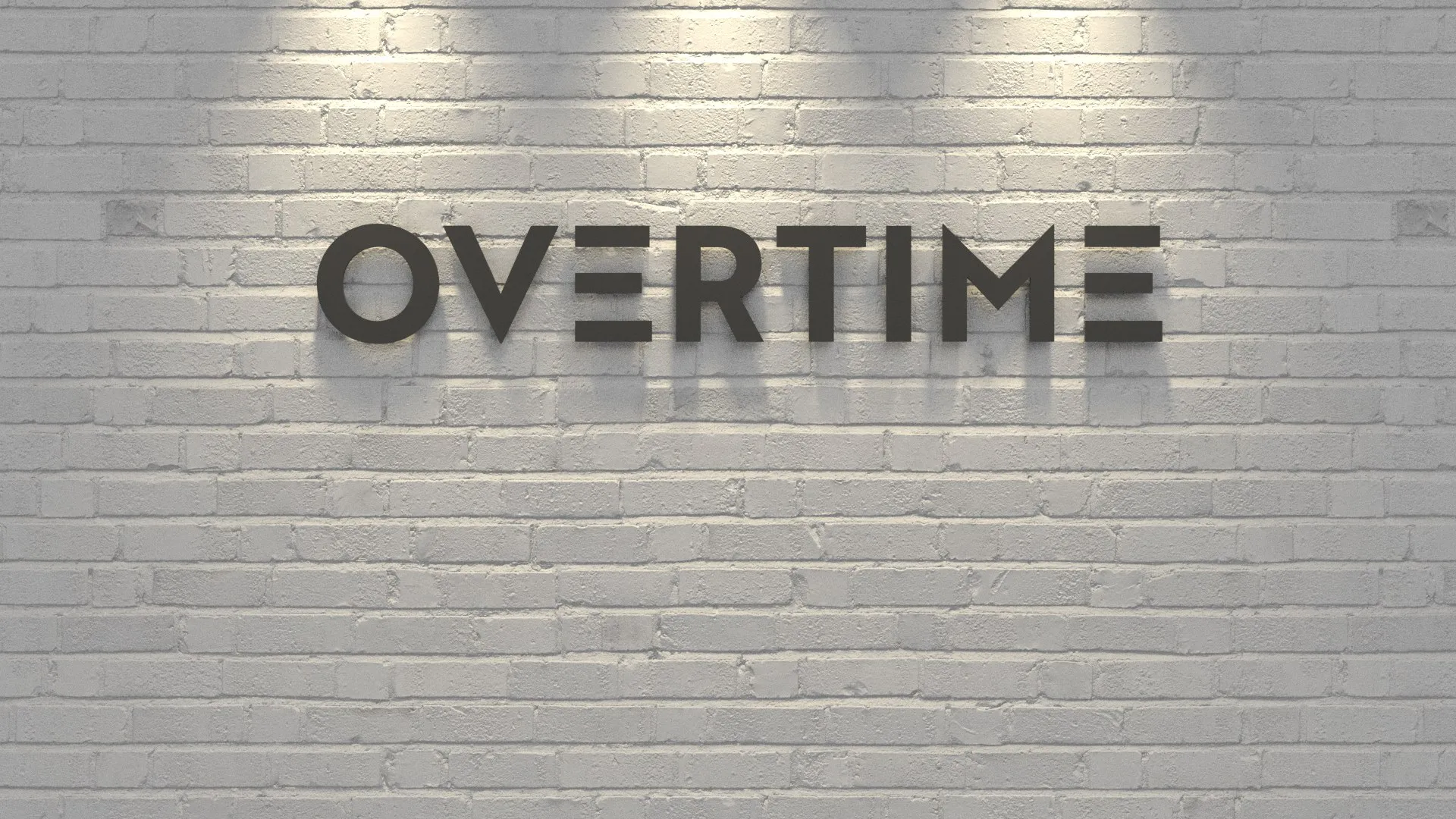 Overtime graphic — 3D type rendered on a brick wall