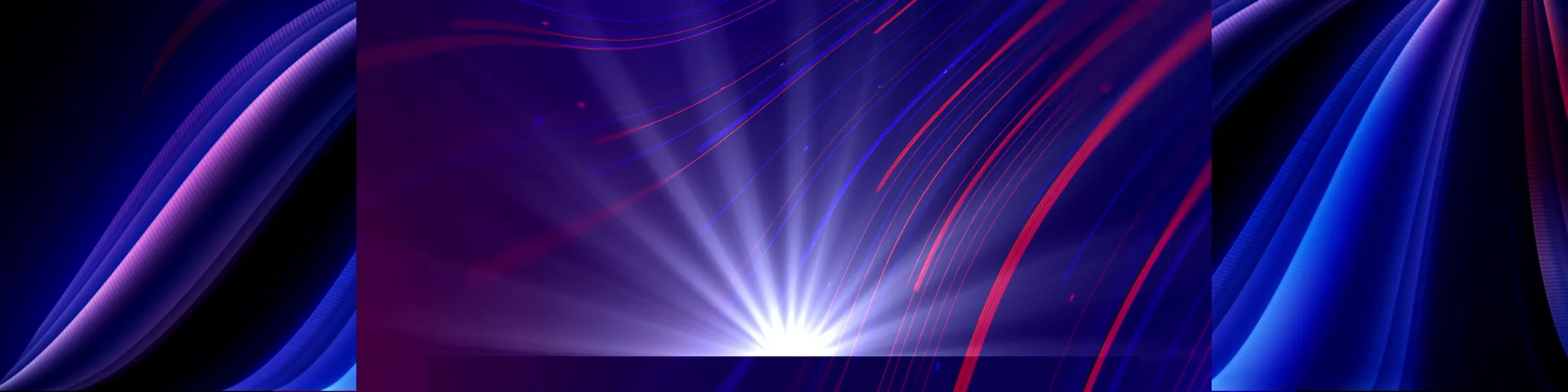 Silky red and blue light streams converging into a starburst on the center LED canvas