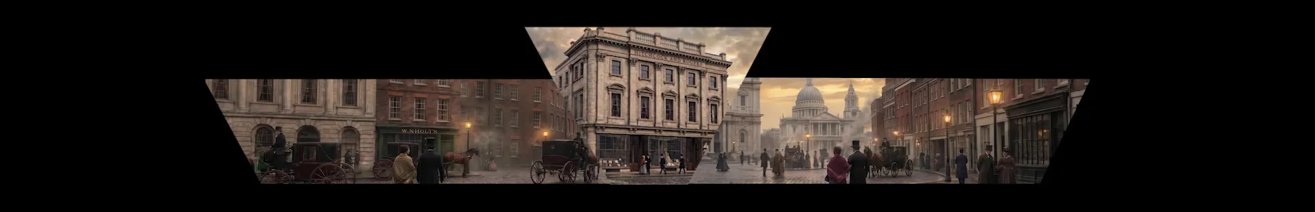 Masked raster preview of the opener — a period London street scene with St Paul's Cathedral, split across the center triangle and wings