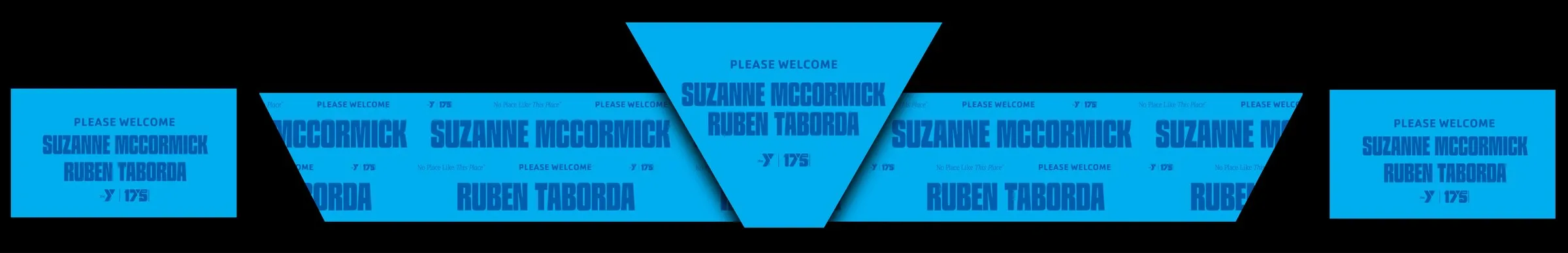 Masked raster preview of a speaker walk-on — "Please welcome" with speaker names repeated across the blue wings, triangle, and IMAG screens