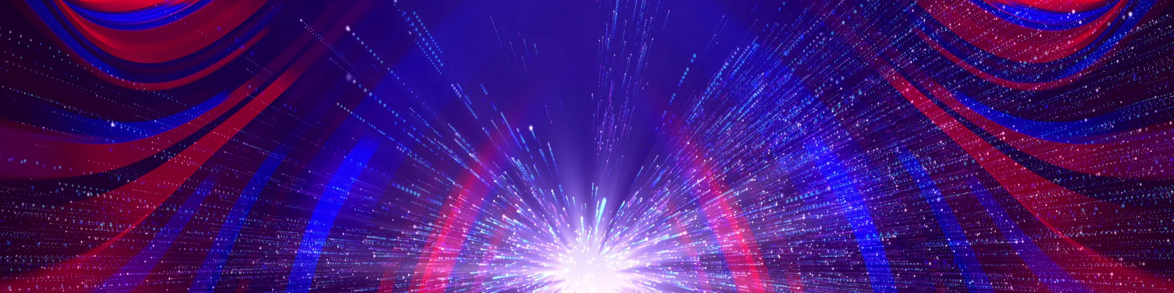 Star curtain look — draped red and blue star ribbons framing a particle burst across the full raster