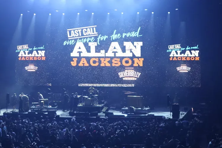 Last Call tour titling on the main LED wall — "Last Call, one more for the road" headline above the Alan Jackson logo